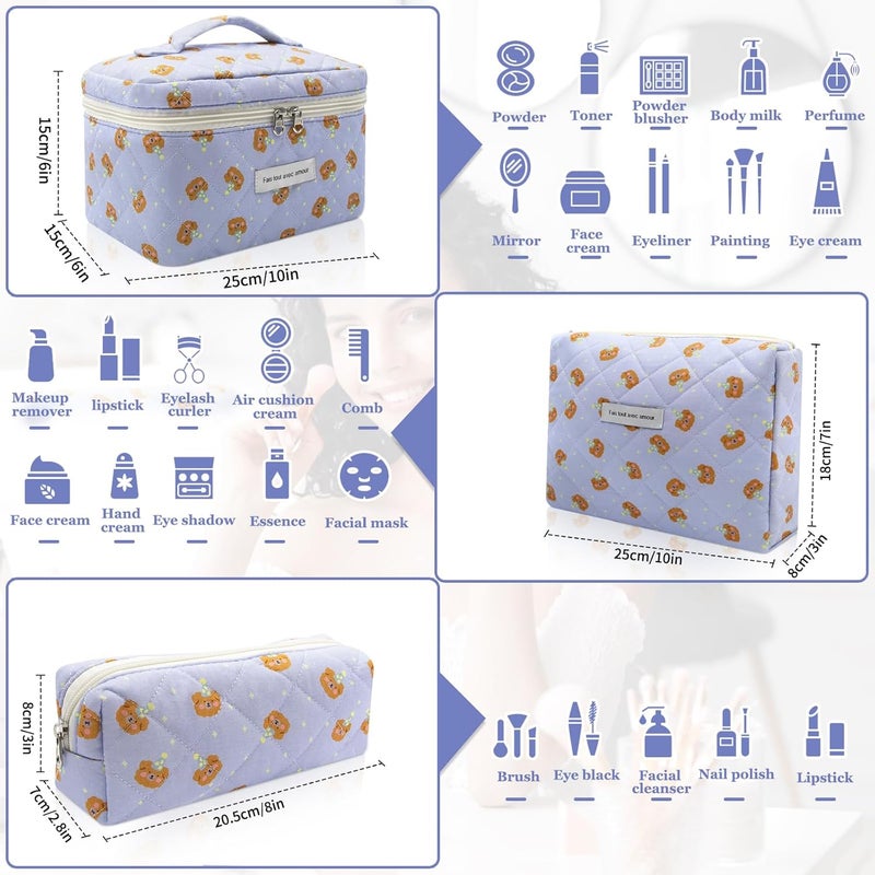 Gosect Quilted Makeup Bag Set, 3pc Large Floral Cosmetic Bag for Women, Cute Cotton Makeup Bags, Flower Travel Toiletry Organizer Bag (Blue Small Sheep) - Image 2